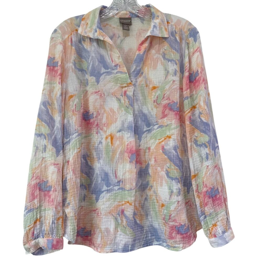 Chico's Long Sleeve Top Women's S‎ Pastel Watercolor Cotton Gauze Spring Casual